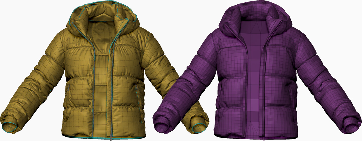 Wireframe overlays of female puffer jacket 3D model showing optimized topology